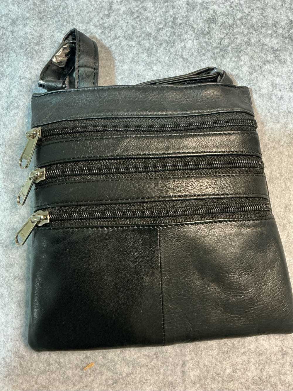 Black Genuine Leather Crossbody Purse Multi Zip Organizer Shoulder Bag